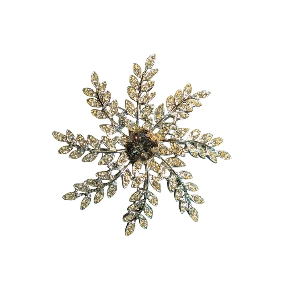 Vintage Silver Tone Rhinestone Snowflake Starburst Brooch Pin 2.5 Inch Clear